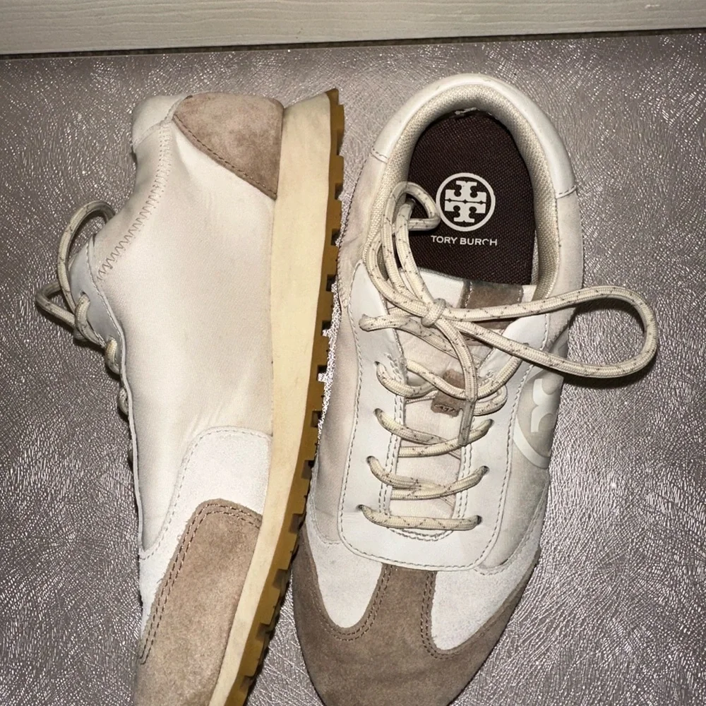 Tory Burch Women's White and Tan Suede & Leather Sneakers athleisure 7